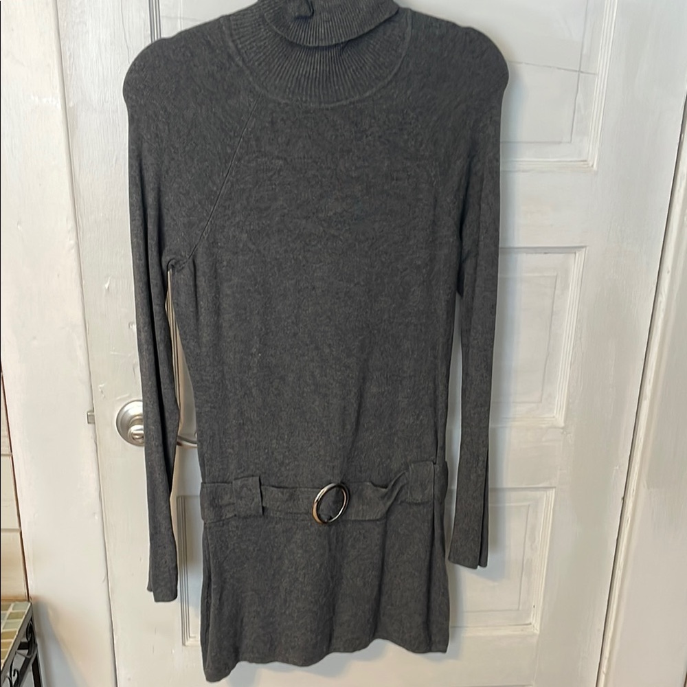 Gray Turtleneck Sweater Dress with Belt